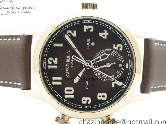 MIROTIME 0510 ZipUp Calatrava 5524R Pilot Travel Time RG GRF Brown Dial on Brown Leather Strap A324 V 7110